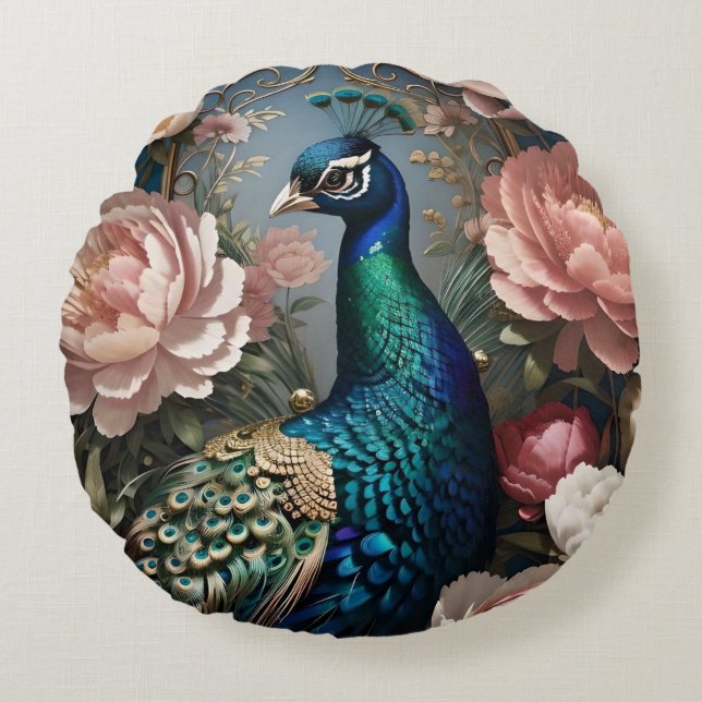 Almofada Redonda Peonias Rosa-Rosa-Peacock Elegantes (Frente)