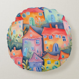Almofada Redonda Pequenas casas de pastel de cor suave, cor pacífic