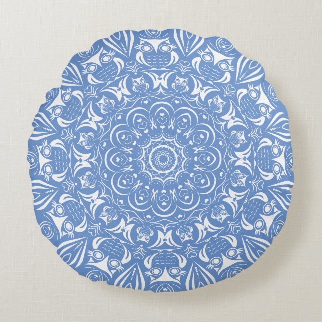 Almofada Redonda Pequeno mandala de coruja  (Frente)