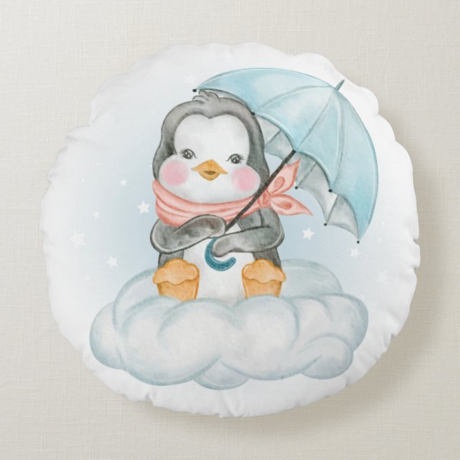 ALMOFADA REDONDA PEQUENO PENGUININO DE BEBÊ CUIDADO SENTADO NA NUVE (Frente)