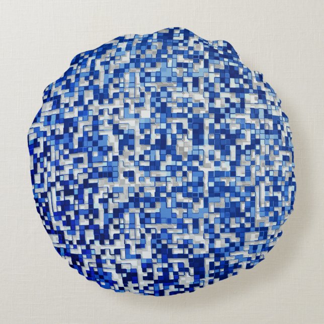Almofada Redonda Pequenos quadrados sobrepostos, tons de azul com b (Verso)