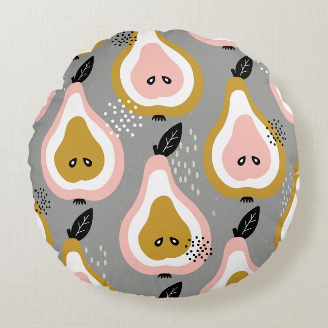 Almofada Redonda Peras coloridas, padrão de colheita. (Frente)