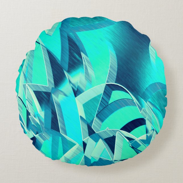 Almofada Redonda Percursos cianos com garoa sobre fundo aquamarino (Frente)