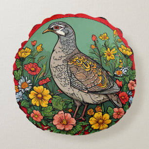 Almofada Redonda Perdiz cinza colorida Arte artística vida selvagem