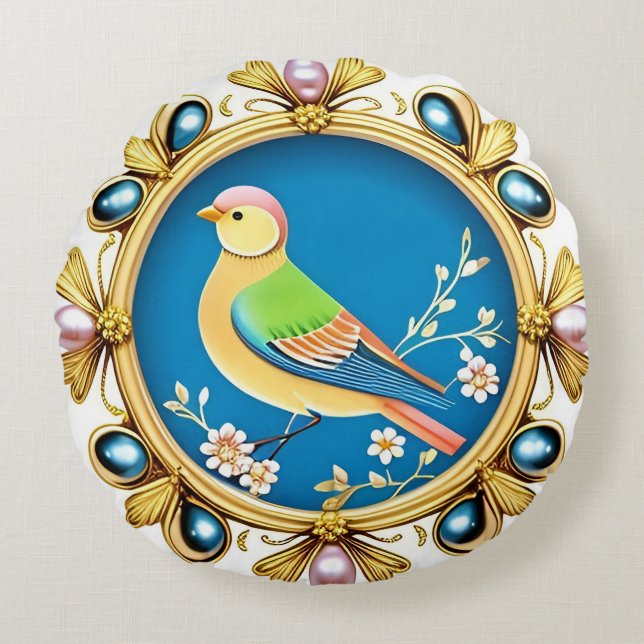 🐦 Almofada Redonda Pérola Moldura Pássaro Decoraç (Frente)