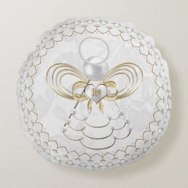 Almofada Redonda Pérolas e ouro - anjo metálico do Natal da alegria