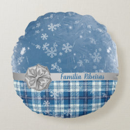 Almofada Redonda Personaliza Natal Elegante Xadrez Azul