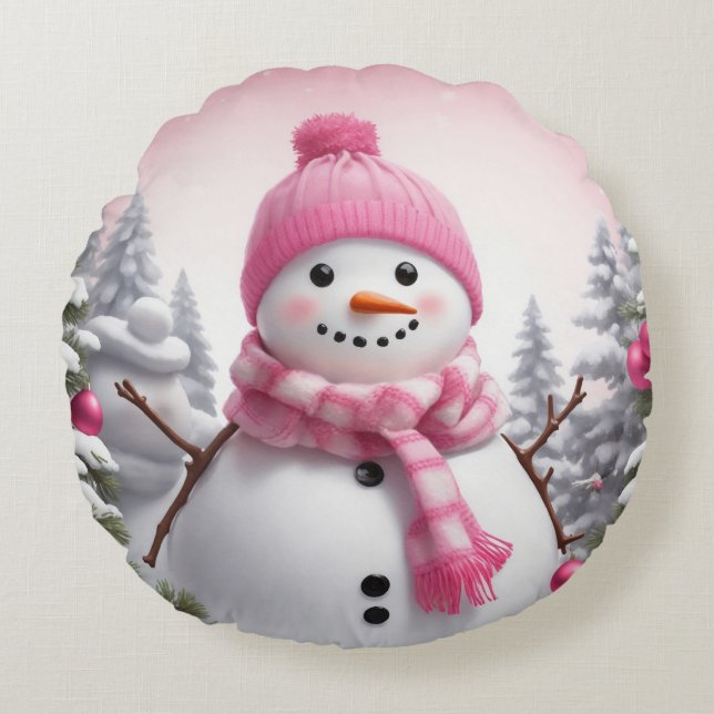 Almofada Redonda Personalizar: Feliz Homem de Neve Rosa Scarf Xmas (Frente)