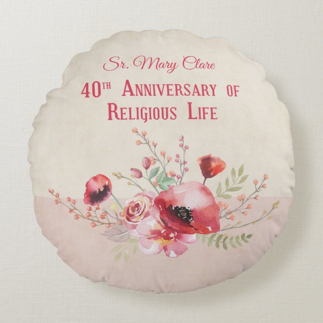 Almofada Redonda Personalize, 40 anos de freira, rosa e (Frente)