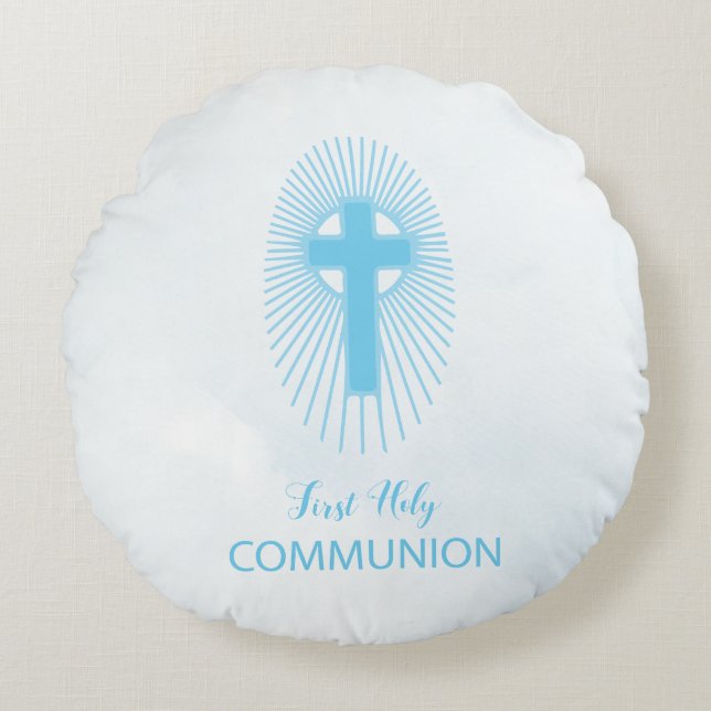 Almofada Redonda Personalize, Blue First Sagrada Comunhão (Frente)