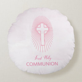 Almofada Redonda Personalize, Cruz da Primeira Comunhão Rosa Hóstia