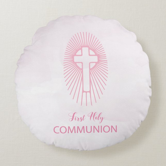 Almofada Redonda Personalize, Cruz da Primeira Comunhão Rosa Hóstia (Frente)