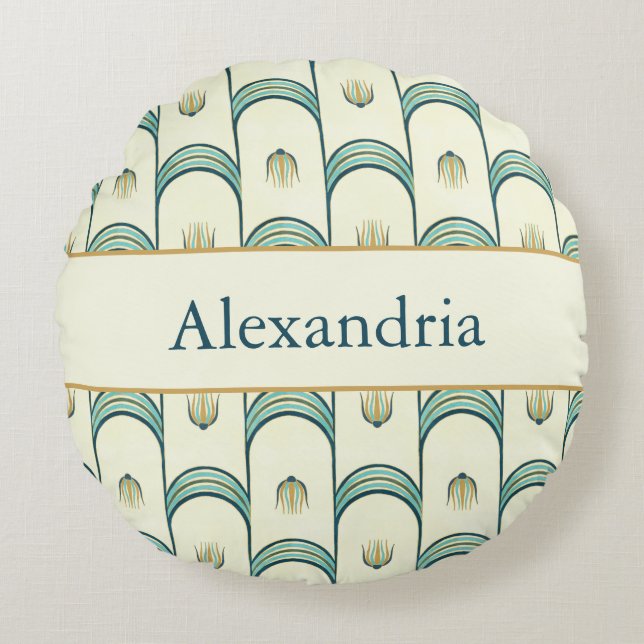 Almofada Redonda Personalized Art Deco Teal & Gold Geometric (Frente)