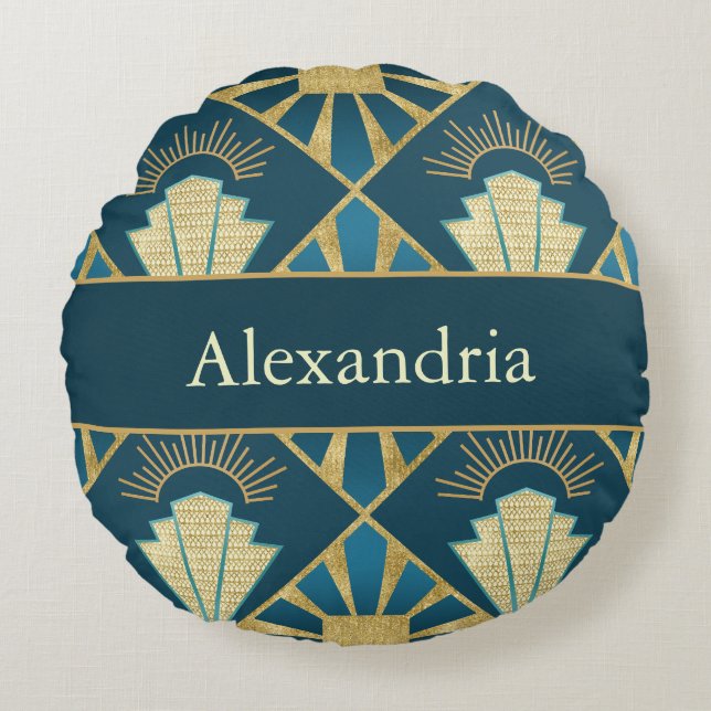 Almofada Redonda Personalized Art Deco Teal & Gold Geometric Name  (Frente)
