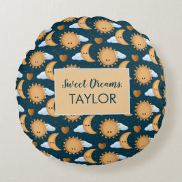 Almofada Redonda Personalized Blue Gold Sun Moon Sweet Dreams Name