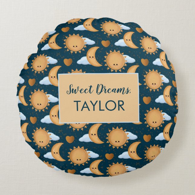 Almofada Redonda Personalized Blue Gold Sun Moon Sweet Dreams Name (Frente)