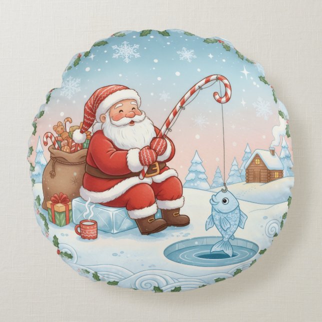 Almofada Redonda Personalized Christmas Santa Ice Fishing   (Frente)