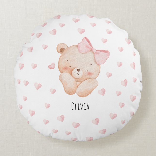 Almofada Redonda Personalized Cute Bear with pink Hearts  (Frente)