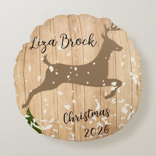 Almofada Redonda Personalized doe Christmas bauble wooden backgroun (Frente)