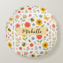 Almofada Redonda Personalized Floral Bee Round Pillow