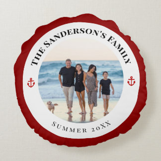Almofada Redonda Personalized Photo in Black Circle with Red Anchor