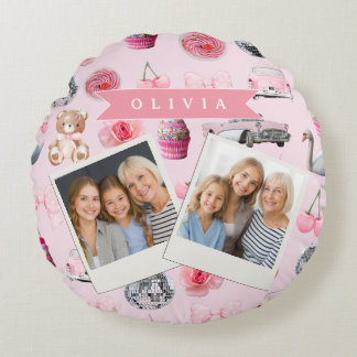 Almofada Redonda Personalized Pink Coquette Retro Cute Teddy Bear
