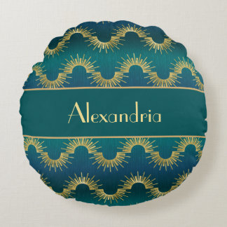 Almofada Redonda Personalized Teal & Gold Art Deco Sunburst Name