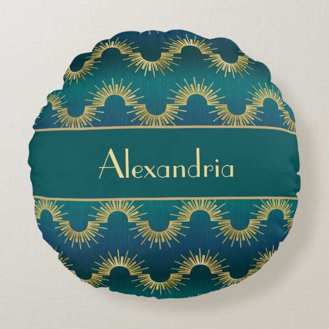 Almofada Redonda Personalized Teal & Gold Art Deco Sunburst Name (Frente)