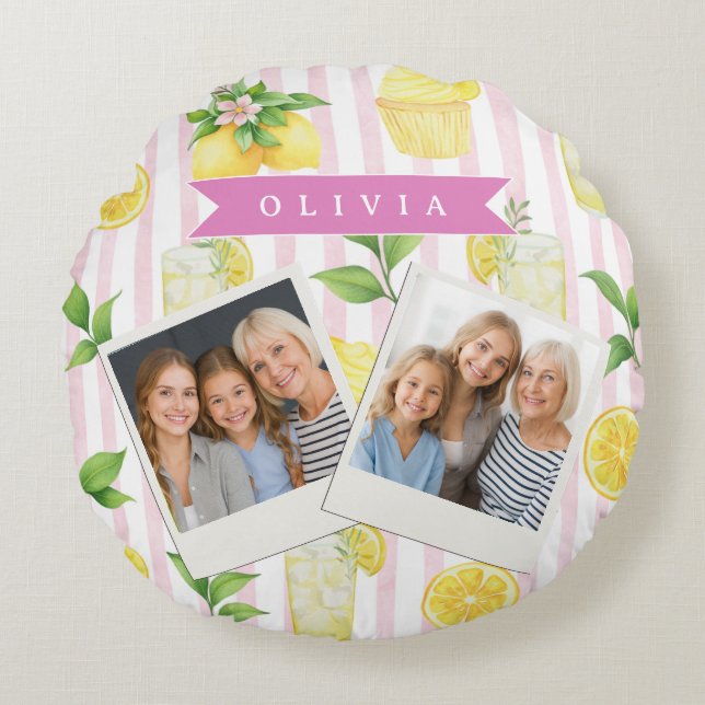 Almofada Redonda Personalized Watercolor Lemonade Cupcake Stripe (Frente)