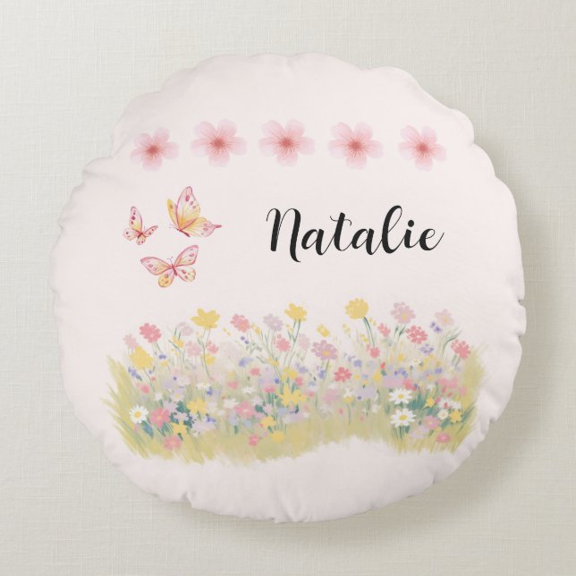 Almofada Redonda Personalized Wildflower & Butterfly Round Pillow (Frente)