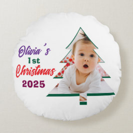 Almofada Redonda Personlized Photo Olivia's 1st Christmas Tree 