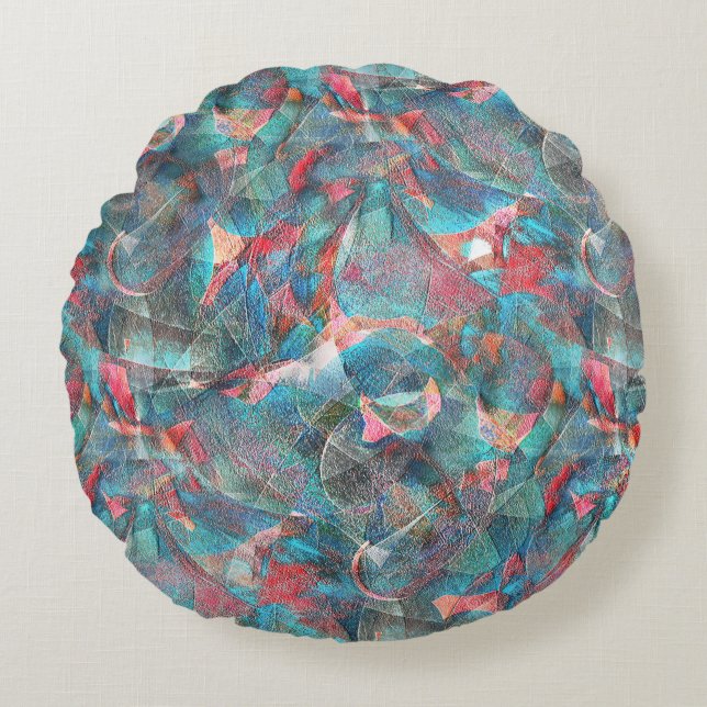 Almofada Redonda Pêssego avermelhado e manchas cianas na parede ásp (Frente)