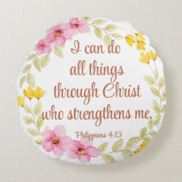 Almofada Redonda Philippians 4:13 Escritura Floral Cor-de-Rosa e Am