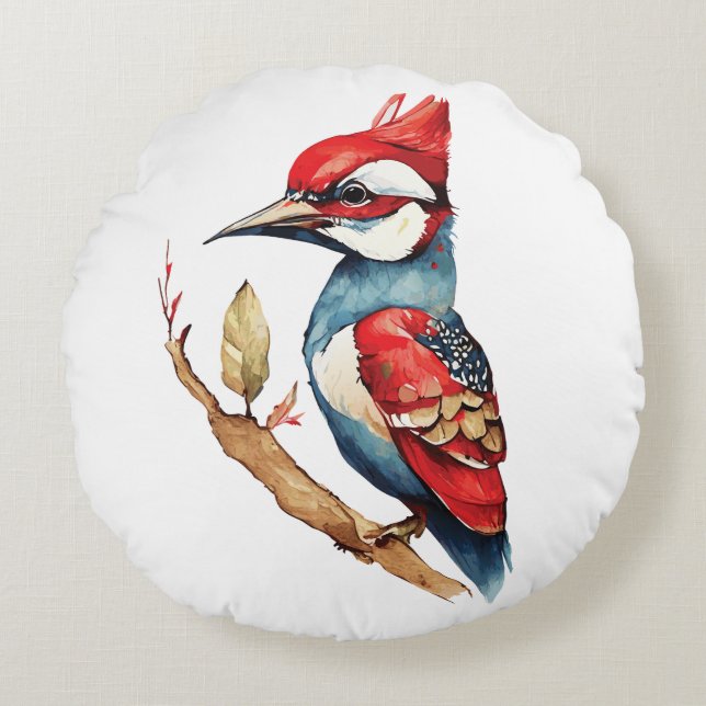 Almofada Redonda Pica-pau vermelho e azul (Frente)