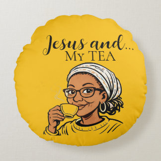 Almofada Redonda Pillow depicting Jesus and My Tea