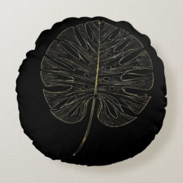 Almofada Redonda Pillow Luxe Gold Monstera Leaf Botanical Decor