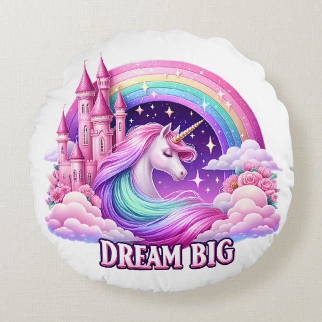 Almofada Redonda PilloWhimsical Unicorn Castle Travesseiro Rainbow (Frente)