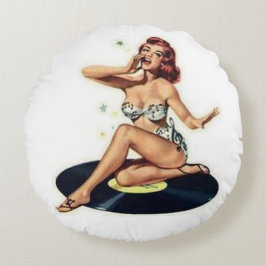 Almofada Redonda Pin Up Girl on Record Round Travesseiro