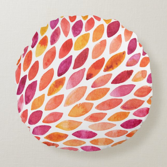 Almofada Redonda Pincel de aquarela derrubada amarela e laranja (Frente)