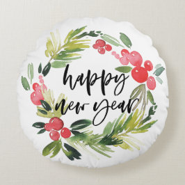Almofada Redonda Pine de Aquarela e Holly Wreath Personalizado Ano 
