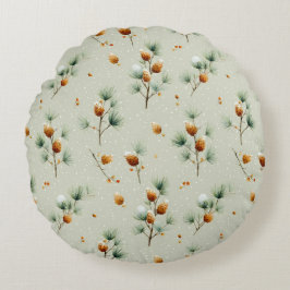 Almofada Redonda Pinecones de inverno e Ramificações de Neve