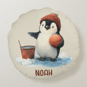 Almofada Redonda Pinguim de Basquete de Inverno Personalizado para 