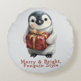 Almofada Redonda Pinguim de Natal Alegre e Brilhante