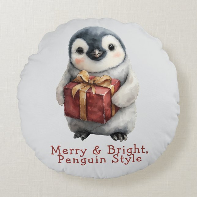 Almofada Redonda Pinguim de Natal Alegre e Brilhante (Frente)