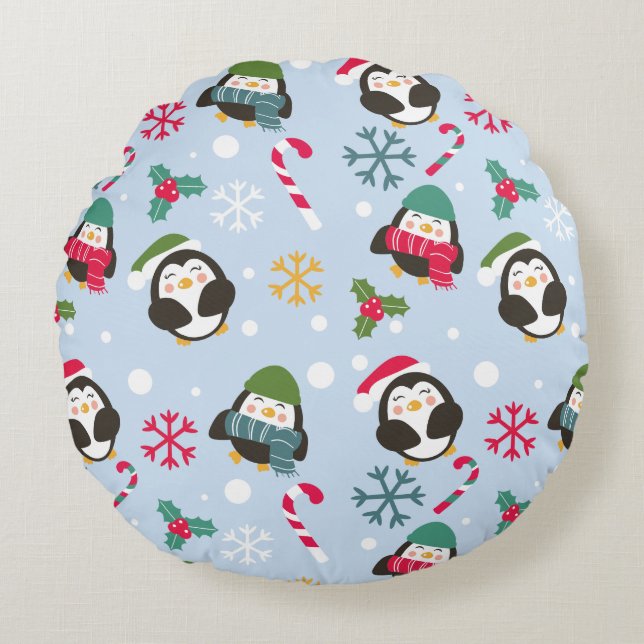 Almofada Redonda Pinguim de Natal bonito (Frente)