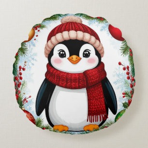 Almofada Redonda Pinguim Festivo Decorado Com Enfeites de Feriado