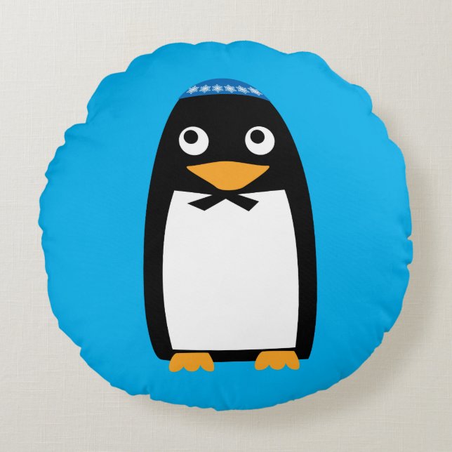 Almofada Redonda Pinguim judaico Yamulke de Hanukkah do Natal (Frente)
