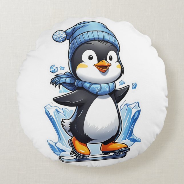 Almofada Redonda Pinguim-Pinguim-Espingarda De Gelo (Frente)
