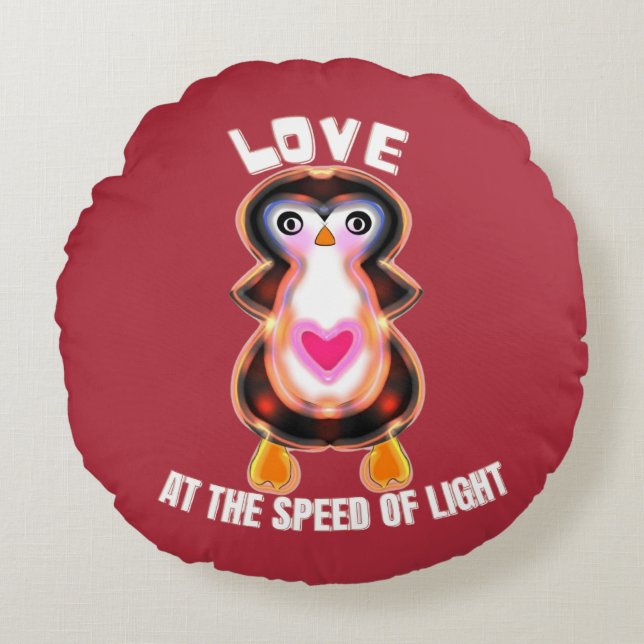 Almofada Redonda Pinguim Presente Amor à Velocidade da Luz (Frente)