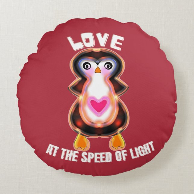 Almofada Redonda Pinguim Presente Amor à Velocidade da Luz (Frente)